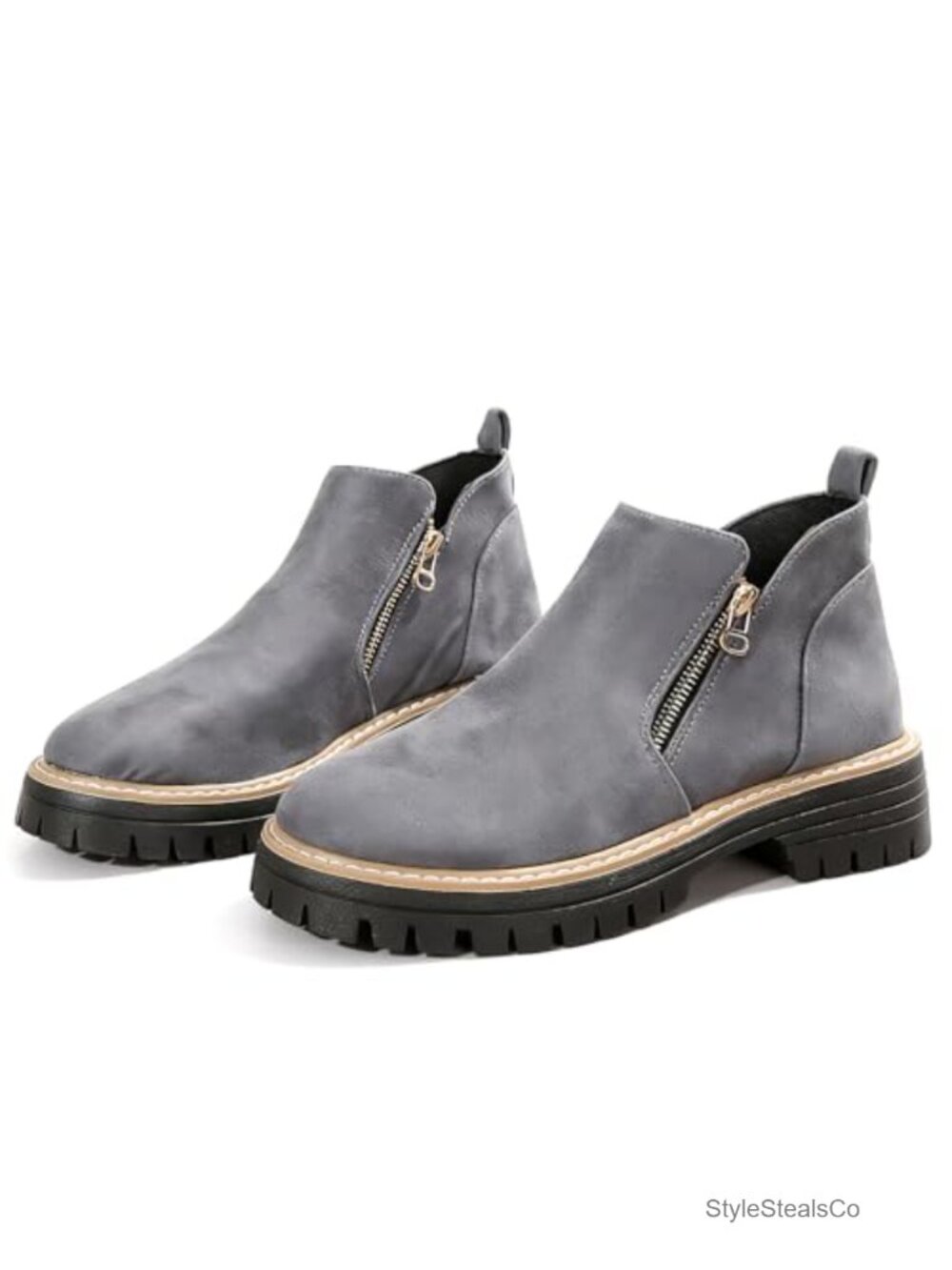 Chunky Heel Ankle Boots Faux Suede Lug Sole Round Toe Side Zip Booties